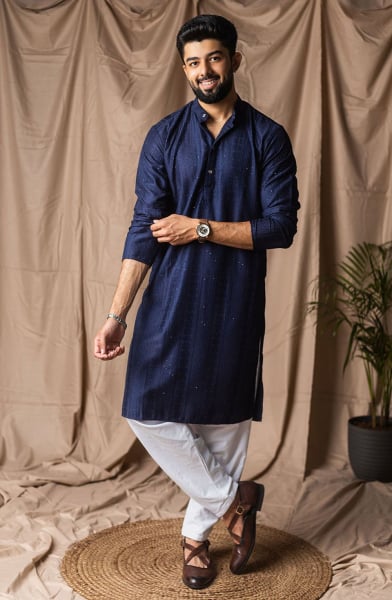Navy Blue Embroidered Rayon Kurta Set