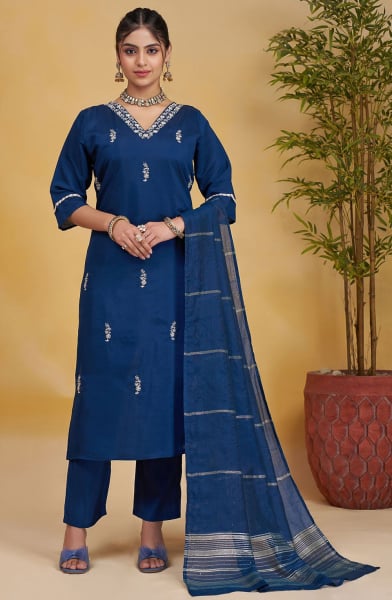 Navy Blue Embroidered Roman Silk Readymade Suit