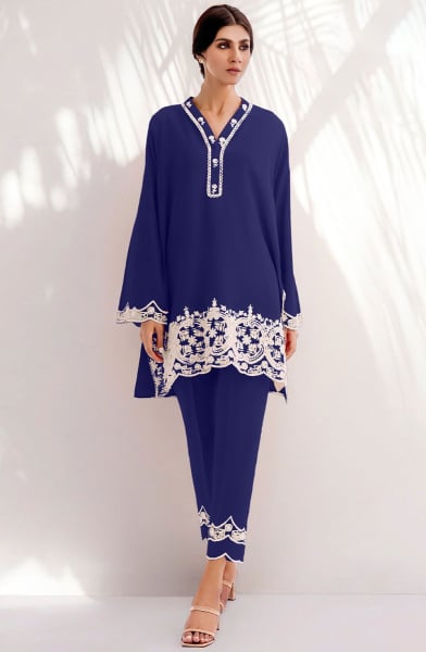 Navy Blue Embroidered Viscose Chanderi Co-Ord Set