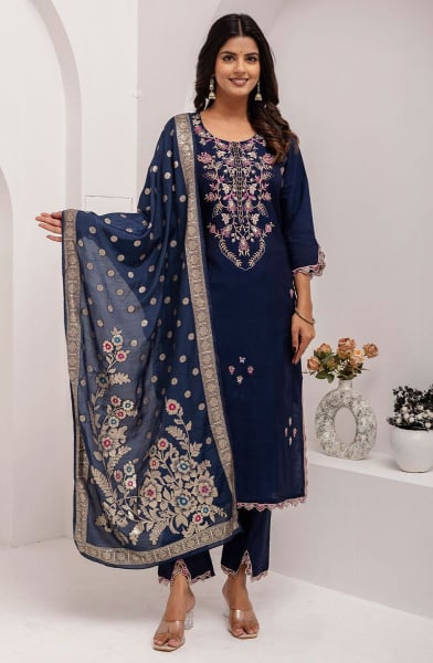 Navy Blue Embroidered Viscose Silk Readymade Suit