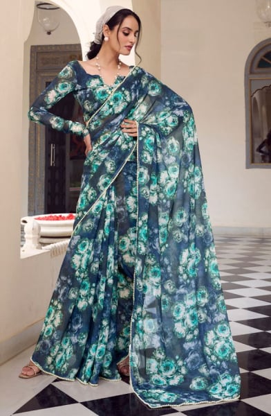 Navy Blue Floral Print Chiffon Saree