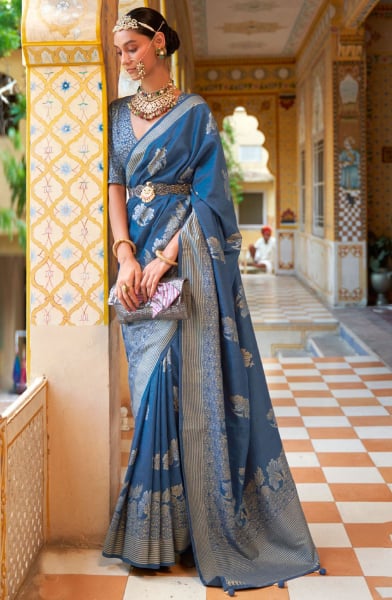 Navy Blue Foil Print Silk Saree for Festival