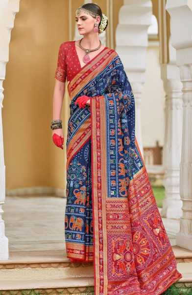 Navy Blue Foil Print Silk Saree for Festival