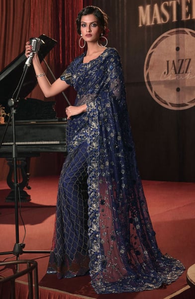 Navy Blue Hand Embroidered Designer Saree