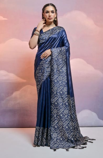 Navy Blue Handloom Raw Silk Woven Saree