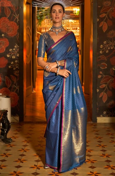 Navy Blue Handloom Weaving Silk Saree
