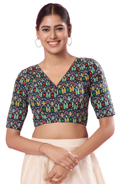 Navy Blue Ikkat Print Cotton Blouse