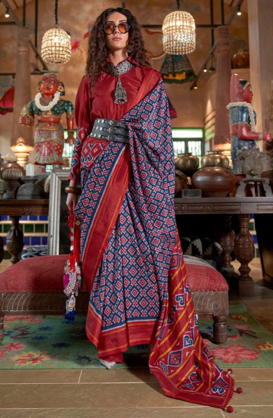 Navy Blue Ikkat Print Viscose Silk Saree