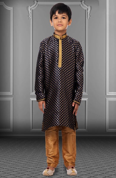 Navy Blue Jacquard Silk Kids Kurta Set