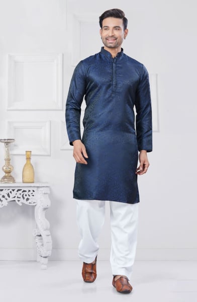 Navy Blue Jacquard Silk Woven Kurta Set