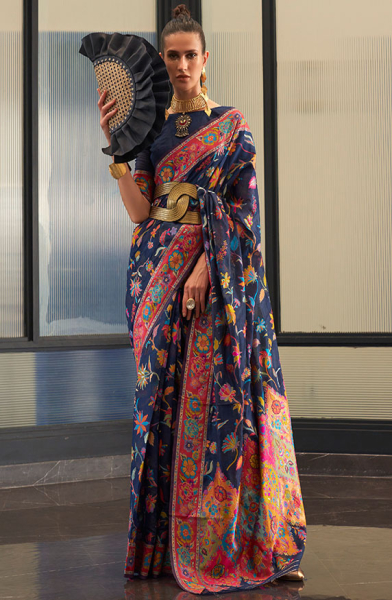 Navy Blue Kashmiri Modal Handloom Weaving Saree