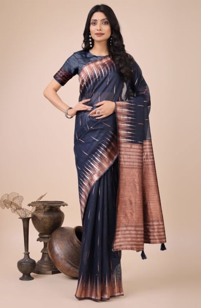 Navy Blue Linen Cotton Printed Saree