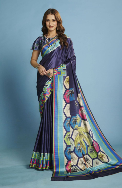 Navy Blue Malai Crepe Silk Digital Printed Saree