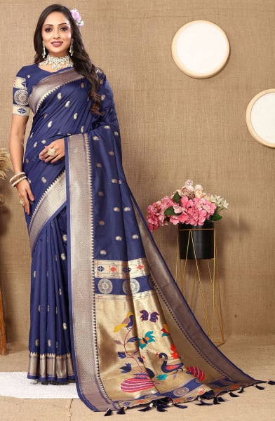 Navy Blue Meenakari Woven Paithani Silk Saree