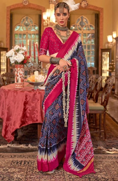 Navy Blue Patola Design Viscose Silk Saree