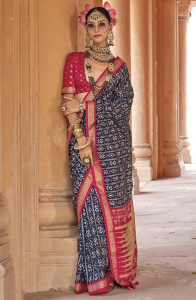 Navy Blue Patola Design Viscose Silk Saree