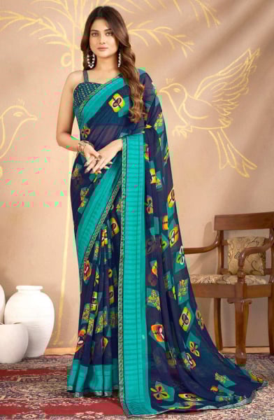 Navy Blue Printed Casual Georgette Saree