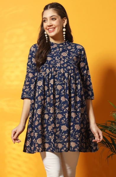 Navy Blue Printed Cotton Tunic