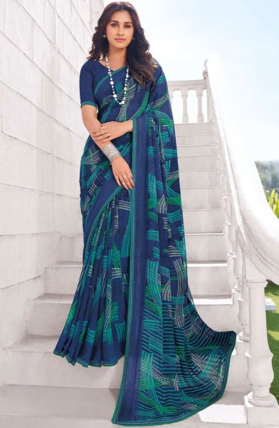 Navy Blue Printed Georgette Saree