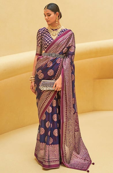 Navy Blue Printed Organza Brasso Party Wear Saree