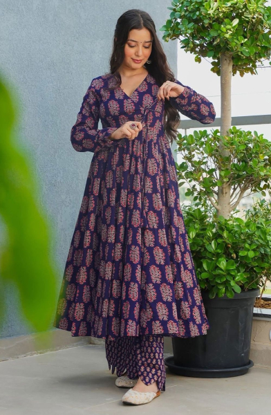 Navy Blue Printed Plus Size Rayon Kurta with Palazzo
