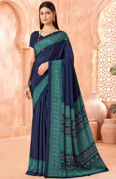 Navy Blue Printed Silk Crepe Saree