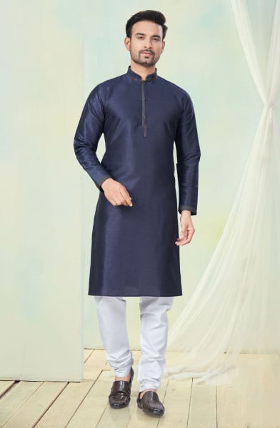 Navy Blue Pure Silk Festival Wear Kurta Set