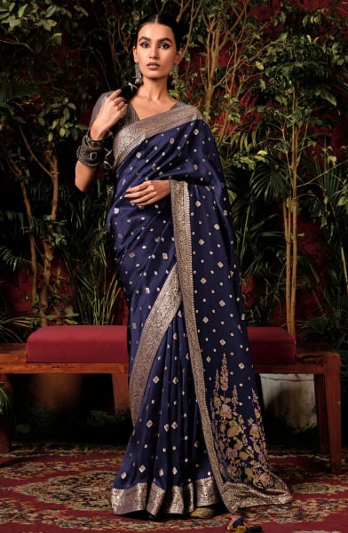 Navy Blue Pure Viscose Dola Silk Zari Woven Saree for Wedding
