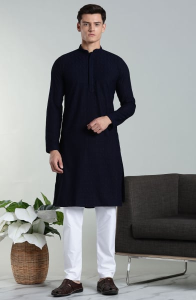 Navy Blue Rayon Cotton Chikan Embroidered Kurta Pyjama Set