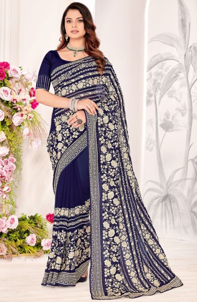 Navy Blue Resham Embroidered Georgette Saree