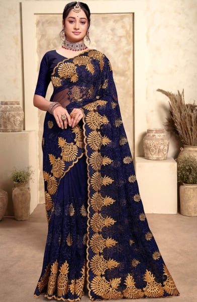 Navy Blue Resham Embroidered Net Saree