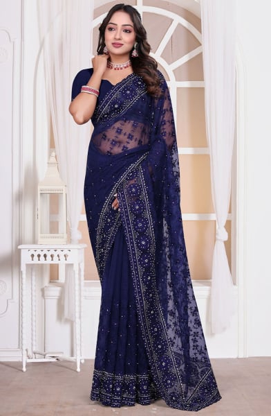 Navy Blue Resham Embroidered Net Saree