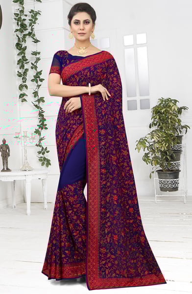 Navy Blue Resham Embroidrered Georgette Saree