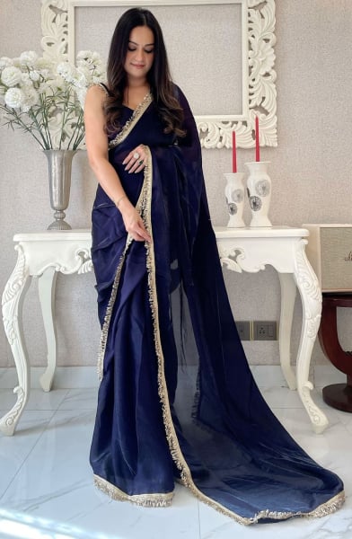 Navy Blue Satin Party Wear Saree