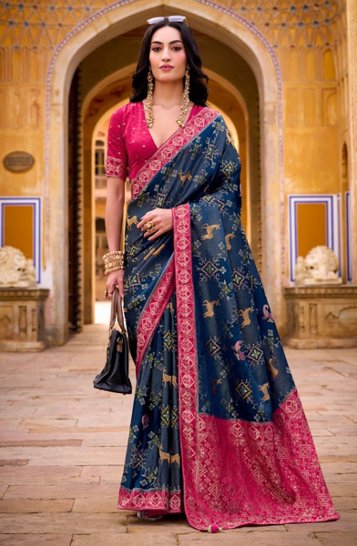 Navy Blue Satin Tissue Silk Saree for Party