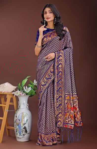 Navy Blue Silk Saree with Jacquard Work