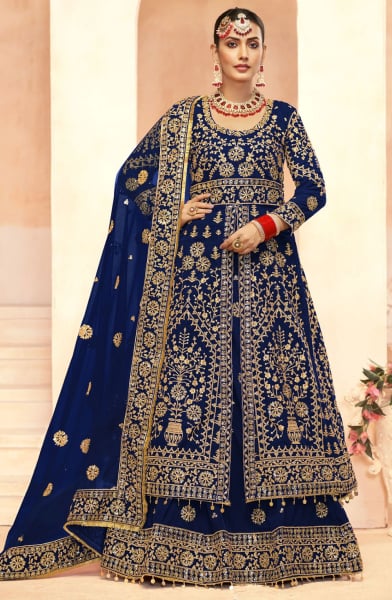 Navy Blue Velvet Embroidered Lehenga Kameez Suit