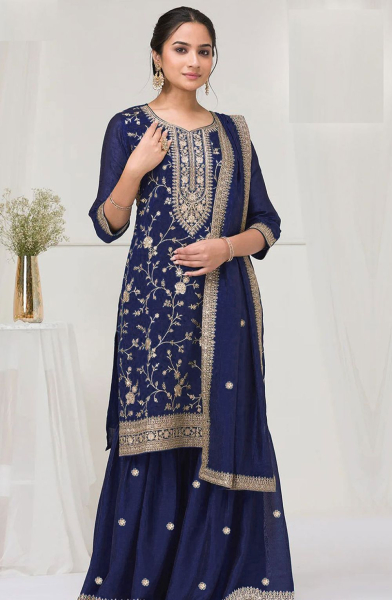 Navy Blue Vichitra Silk Designer Palazzo Kameez Suit