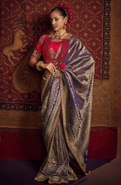 Navy Blue Viscose Dola Saree with Embroidered Blouse
