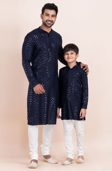 Navy Blue Viscose Rayon Father Son Kurta Set Combo