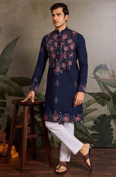 Navy Blue Viscose Silk Kurta for Festival