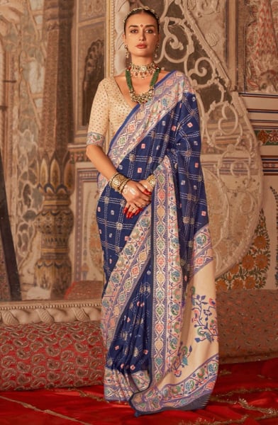 Navy Blue Viscose Silk Saree with Paithani Border