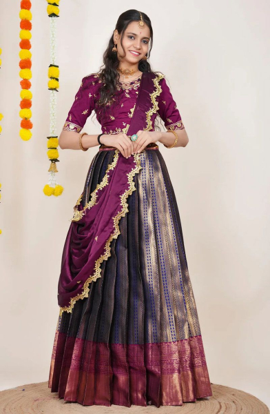 Navy Blue Woven Kanjivaram Silk Lehenga Choli
