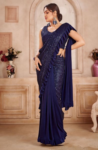 Navy Blue Zara Sequins work Party Wear Saree