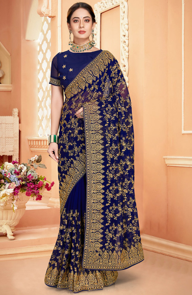 Navy Blue Zari Embroidered Georgette Saree