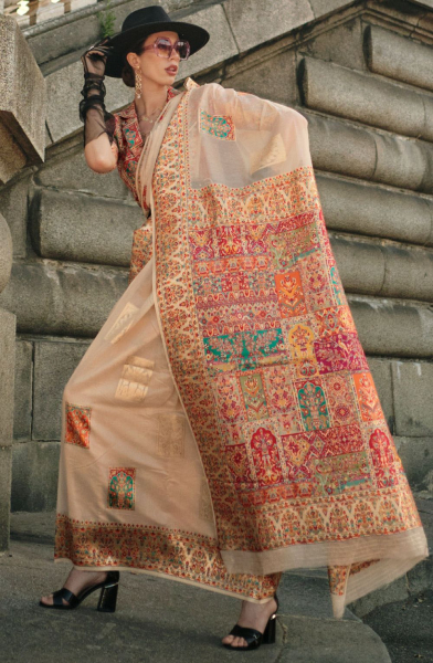 Beige Kashmiri Handloom Woven Saree