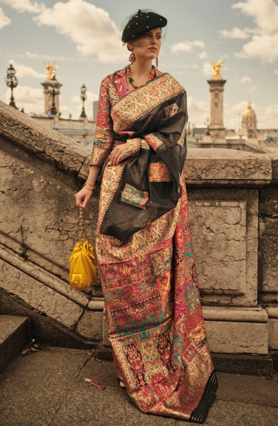 Black Kashmiri Handloom Woven Saree