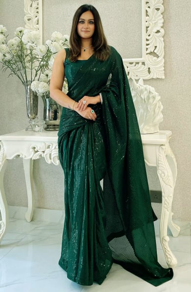 Pine Green Sequined Georgette Saree for Party
