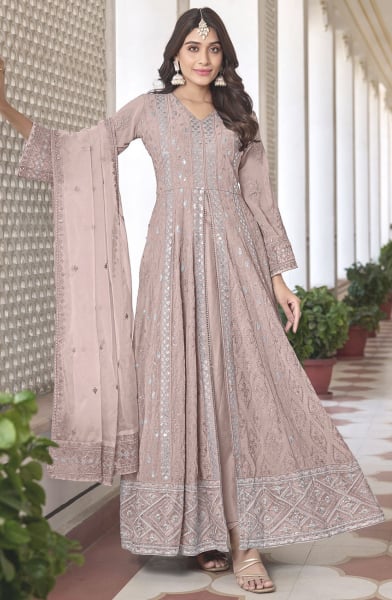 Dusty Beige Embroidered Faux Georgette Pant Kameez