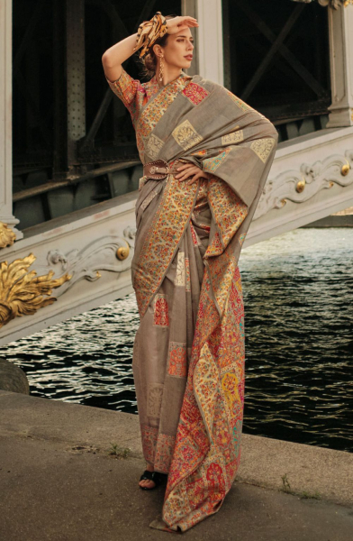 Dusty Beige Kashmiri Handloom Woven Saree